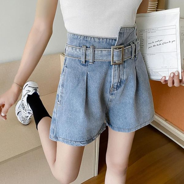 

women's shorts summer high waist vintage women blue denim asymmetrical with belt female wide leg loose ladies jeans 2021, White;black