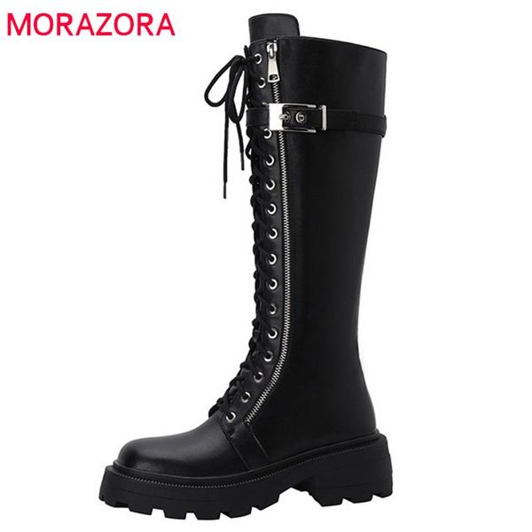 

boots morazora 2022 genuine leather women motorcycles square toe cross tied zip thick bottom knee high, Black