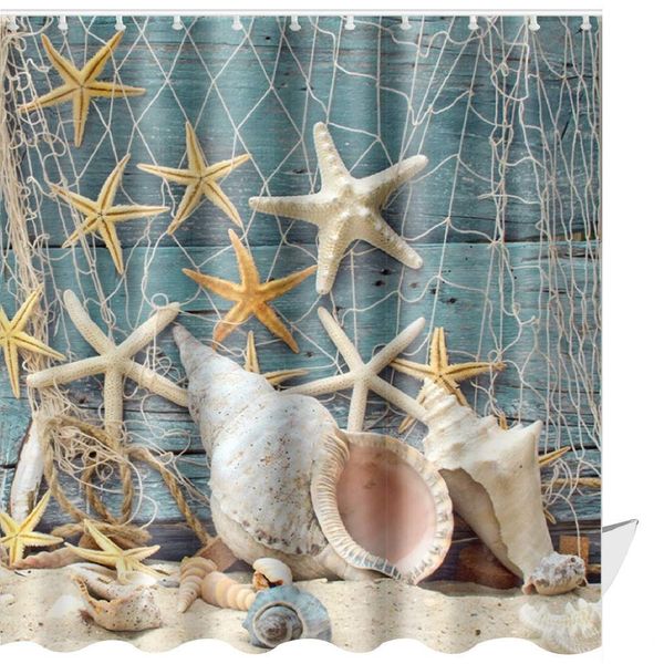 

beach shower curtain set conch starfish shell fabric bathroom 65x72in