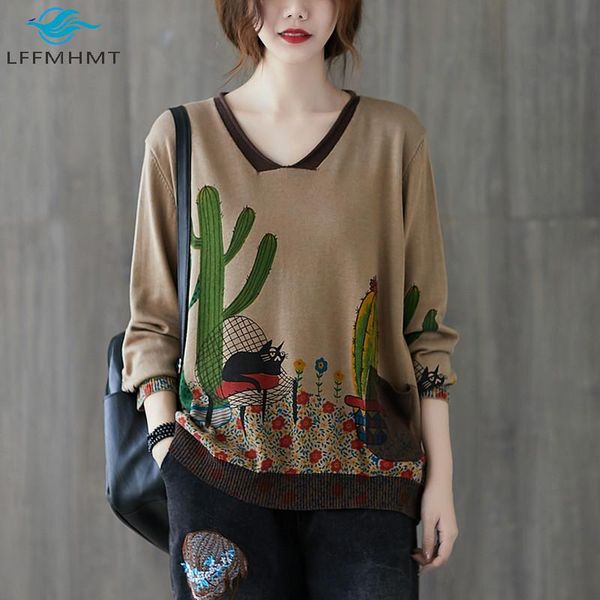 

women's sweaters women spring fall fashion large size v-neck sweater office lady vintage cartoon print loose casual pullover to, White;black