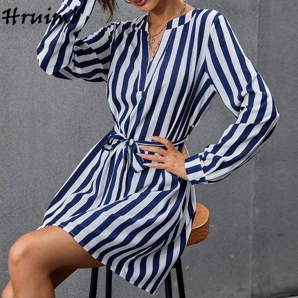 

casual dresses party for women 2021 elegant office lady long sleeve v neck shirt dress chic striped printed lace-up summer, Black;gray
