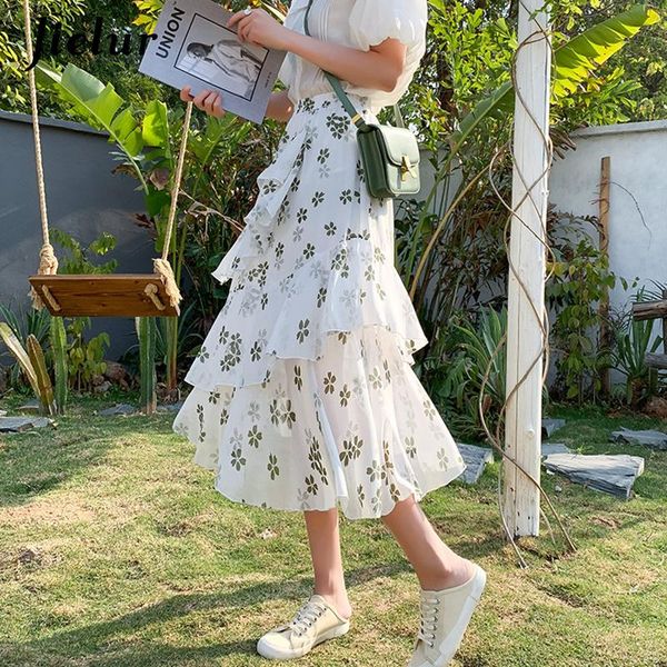 

skirts 2021 summer printed 3 layers chiffon cake a-line black white floral skirt mid-length high-waisted women