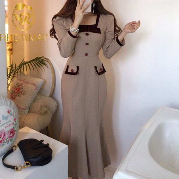 

elegant casual office midi chic womens dresses square collar long sleeve party mermaid korean autumn, Black;gray