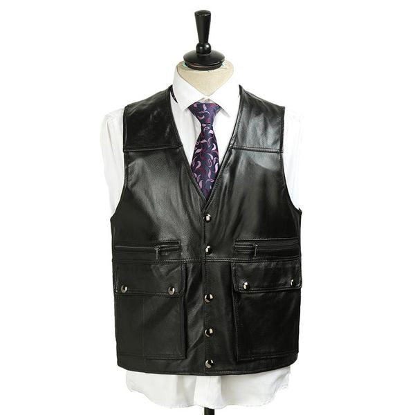 

men's vests 2021 sheepskin v-neck vest multi-pockets casual leather, Black;white