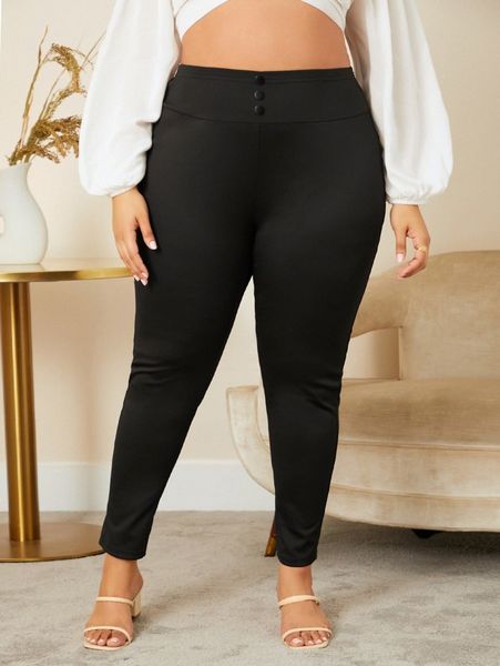 

plus button wide waistband skinny pants g9b9#, Black