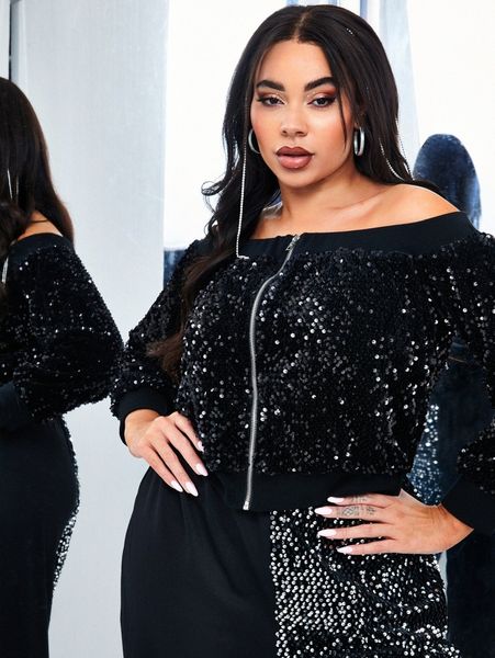 

plus off shoulder zip up sequin jacket t4cl#, Black
