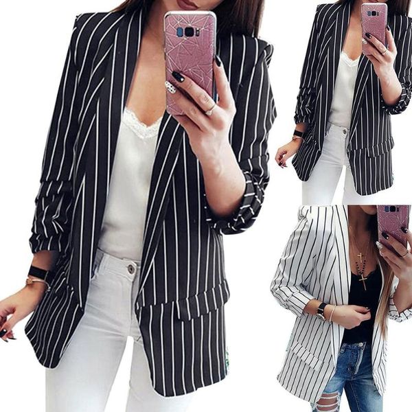 

women's suits & blazers autumn and winter suits, simple formal office jackets, open-chested fashionable striped black white, White;black