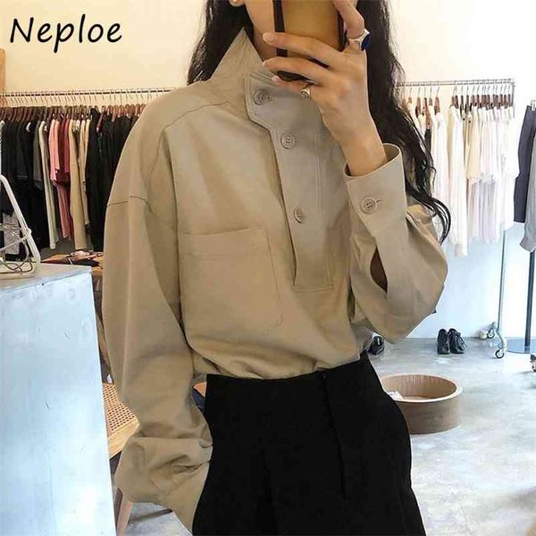 

stand collar chic irregular button shirts korean autumn loose casual women blouse solid color all-match femme blusas 210422, White