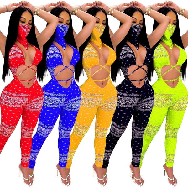 

bandana scarf print women rompers hollow out with mask playsuit fashion bandage jumpsuit, Black;white