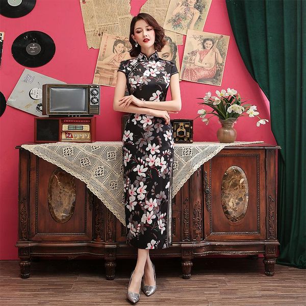 

classical women print floral cotton chinese dresses hight solit catwalk cheongsam traditional wedding party qipao skirt ethnic clothing, Red