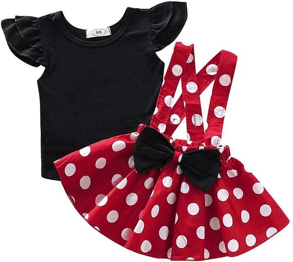 

clothing sets baby girls skirts set ruffle cloth short sleeve t-shirt + polka dot overall dress bow skirt, White