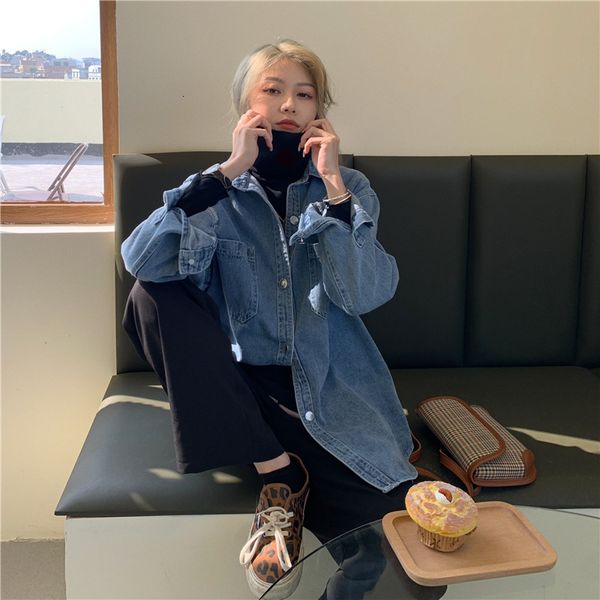 

women's blouses & shirts solid lapel denim shirt simple woman with long sleeves loose female casual pocket fine tljd, White