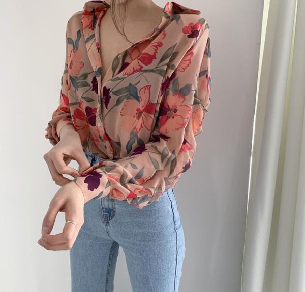 

women's blouses & shirts autumn print chiffon single breasted long sleeved turn down collar elegant ladies korean style clothes, White