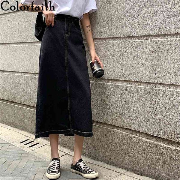 

spring summer women skirts denim straight buttons jeans pockets vintage split wild lady long sk6627 210427, Black