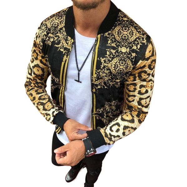 Jaqueta de manga comprida com zíper de outono, ajuste fino, estampa de leopardo, gola redonda, jaquetas casuais masculinas