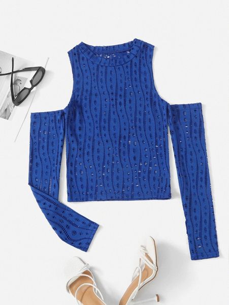 

pointelle knit cold shoulder thumb holes b7ya#, White