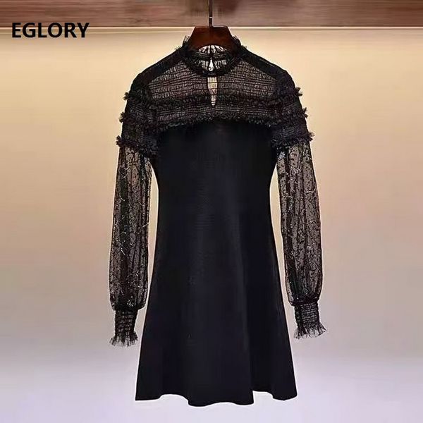 

dresses knitted spring autumn women tulle lace patchwork long sleeve casual black sweater pullover, Black;gray