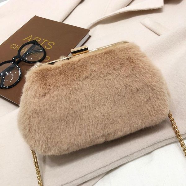 

metal clip faux fur shoulder bags for women 2021 winter fashion chain crossbody bag plush small designer handbags clutch totes