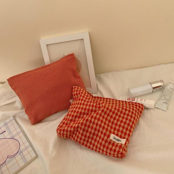 

orange red plaid cosmetic storage bag cotton fabric make up organizer women travel toiletry bags pouch lady clutch & cases