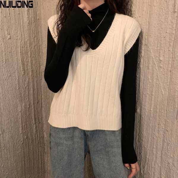 

women solid retor loose v-neck trick striped sweater vest autumn spring female knitted tank vests with bottoming 210514, Black;white