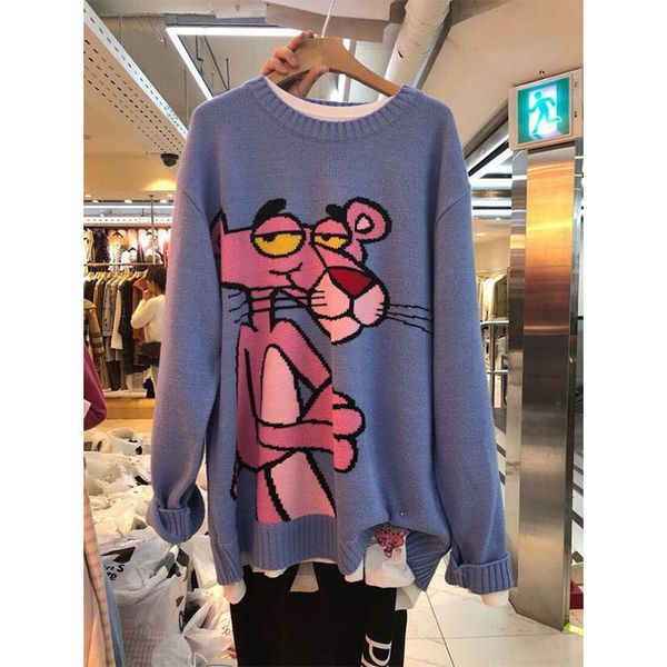

2021 spring korean new cartoon sweater womens loose leopard round neck loose casual pullover knitting sweater z006, White;black
