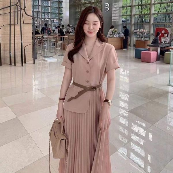 

women's knits & tees korean temperament suit dress female summer fake two-piece waist short sleeve pleated women clothing 76cq, White