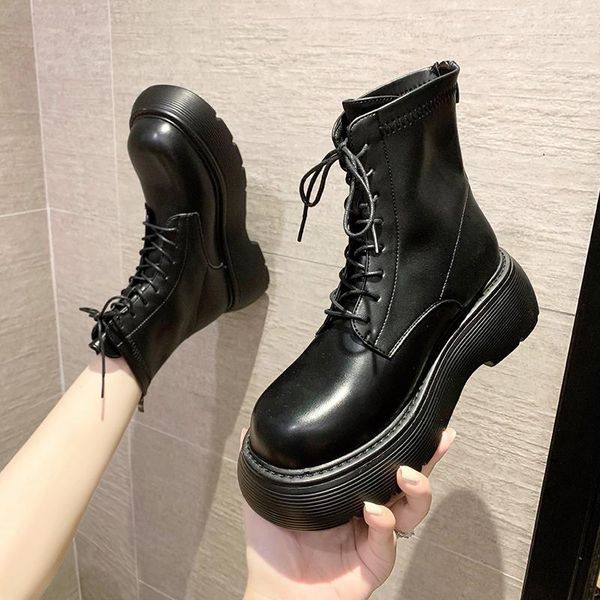 

boots flat heel shoes lace up round toe boots-women autumn rubber ladies 2021 ankle rock lolita med basic pu cotton fabric cross, Black