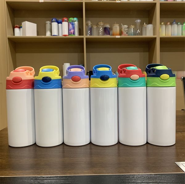 

us warehouse sublimation blanks kids tumbler baby bottle sippy cups 12 oz white water bottle with straw and portable lid 6 color lids b2