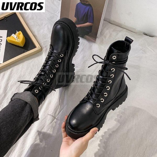 

boots 2022 white black pu leather ankle women autumn winter round toe lace up shoes woman fashion motorcycle platform botas