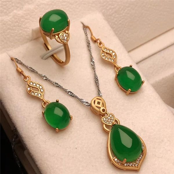 

vintage 100% 925 sterling silver jewelry sets for women natural green jade ring/earrings/necklace gemstones gifts bracelet, earrings & neckl, Black