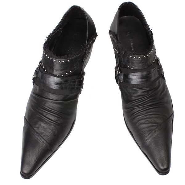 

fashion british style men genuine leather shoes pointed toe rivet buckle formal shoes for men nightclub dress oxford shoes, Black