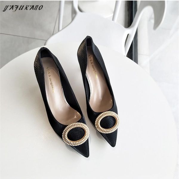 

dress shoes 6cm fashion pointed toe thin heels high party womens pumps elegant pearl buckle wedding career work, Black