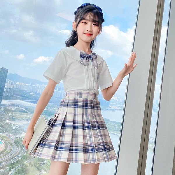 

clothing sets 2021 arrival summer lapel bow shirt + pleated skirt children's age 4-14y big girls clothes, White