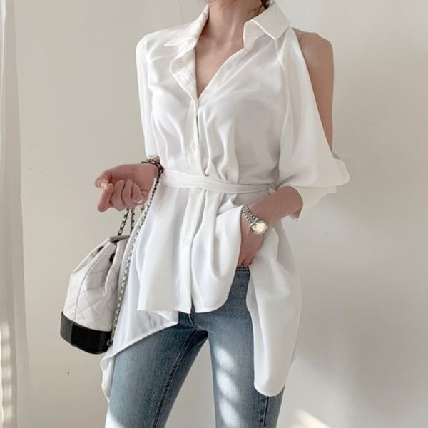 

2021 new women's lantern long sleeve white shoulder off, back bare, shirt loose fit, spring and autumn fashion d7hx, Black;white