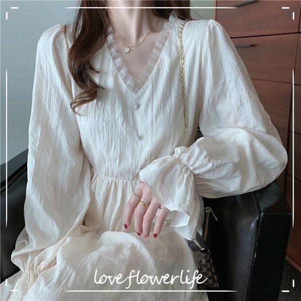 Fairy elegante vestido branco mulheres casual manga comprida v-pescoço vestido coreano festa vintage vestido feminino outono 210521