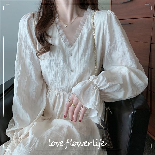 

fairy elegant white dress women casual long sleeve v-neck dress korean evening party vintage dress female autumn 210521, Black;gray