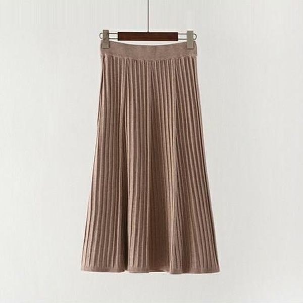 

khaki black solid knee length knitted oleated skirt empire high street autumn winter elegant s0178 210514
