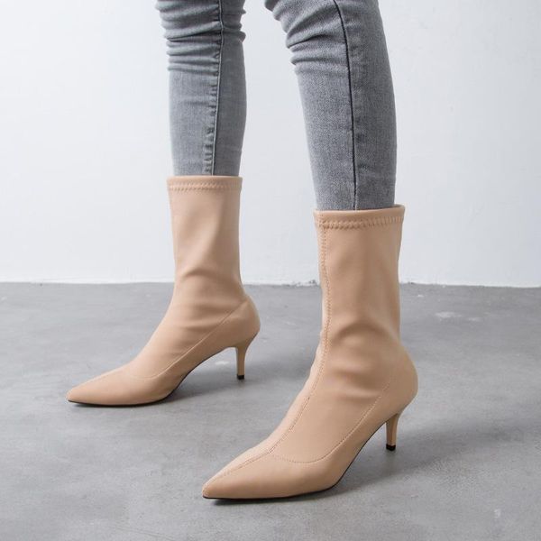 

boots high-heeled shoes fine heel sharp elastic force 2021 socks short woman, Black