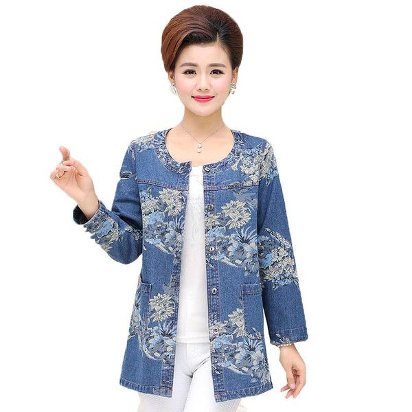 

women's jackets denim jacket coat 2021 spring autumn cotton cowboy windbreaker medium long round neck printed mother loaded a964, Black;brown