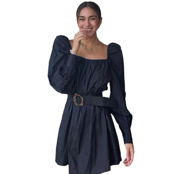 

casual dresses autumn elegant women long sleeve solid color dress square collar sashes mini office lady pleated work club party vestidos, Black;gray