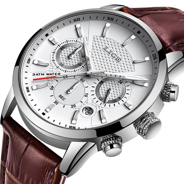 

wristwatches lige 2021 watch men fashion sport quartz clock mens watches leather business waterproof relogio masculino, Slivery;brown