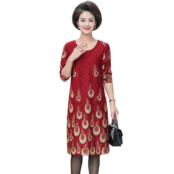 

casual dresses elegant mother vestidos round neck long sleeve peacock print dress 2021 fashion temperament was thin a705, Black;gray