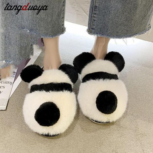 

cute panda slippers women lovely cartoon indoor home soft shoes flat furry non-slip, Black