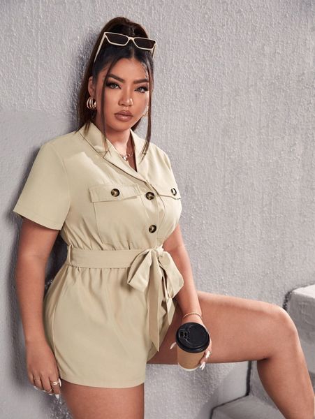 

plus flap pocket belted shirt romper h70c#, Black