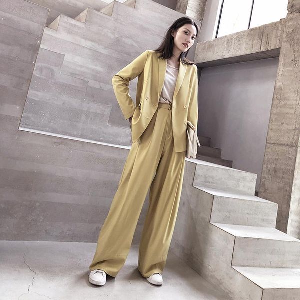 

summer women's pant suits loose casual blazer jacket double breasted office lady formal wide leg 2 piece set two pants, White