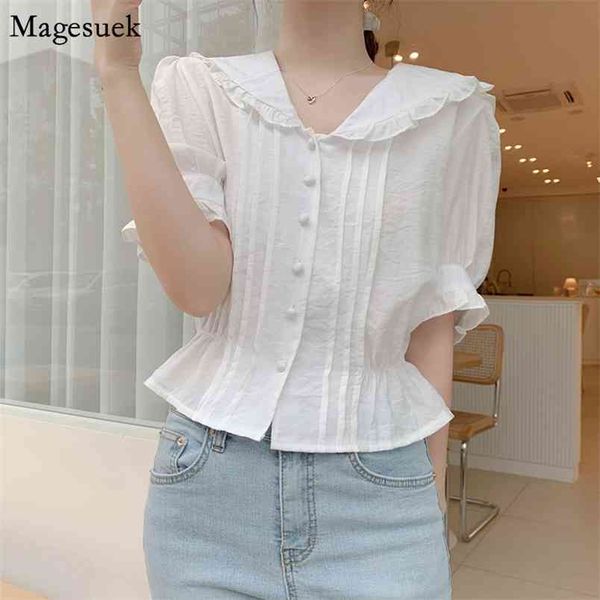 Escritório senhora Botão Branco Camisa Mulheres Verão Peter Pan Collar Coreano Blusas Ruffles Blusa Sólida Roupas 10103 210512