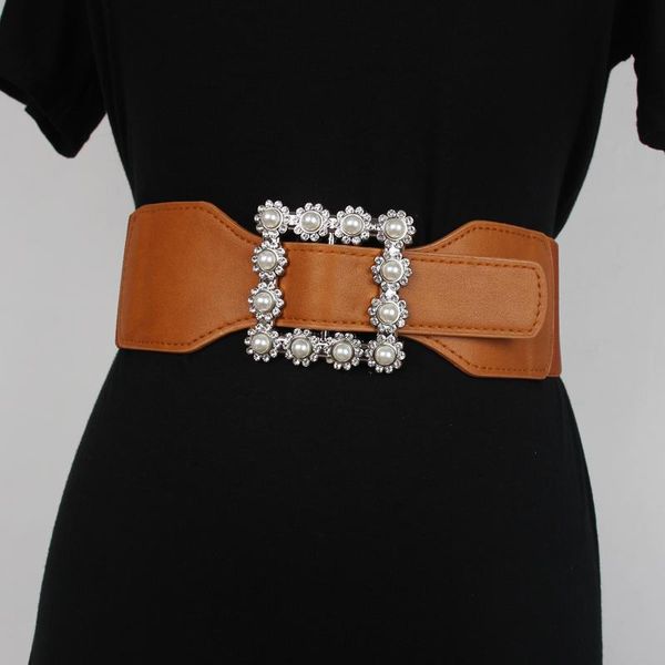 

belts 2021 women dress pearl square buckle stretch waistband winter spring ladies wide elastic pu waist belt corset decoration, Black;brown