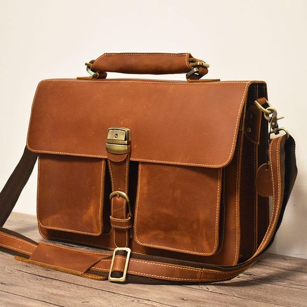 

large 15.6" inch lapbag vintage genuine cow leather men briefcase briefcases