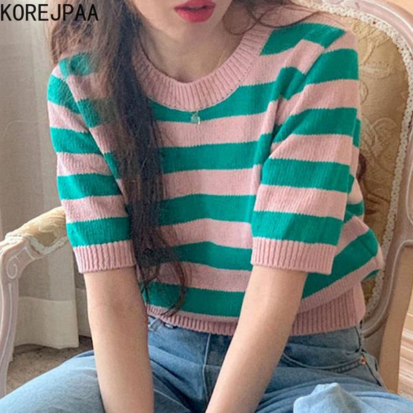 

women's t-shirt korejpaa women 2021 summer age-reducing sweet round neck contrast stripe design loose pullover short-sleeved sweater, White