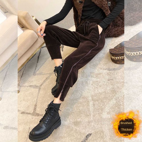 

women's pants & s fleece corduroy casual brown zipper harem korean style high waist design ankle-tied track sweatpants g, Black;white
